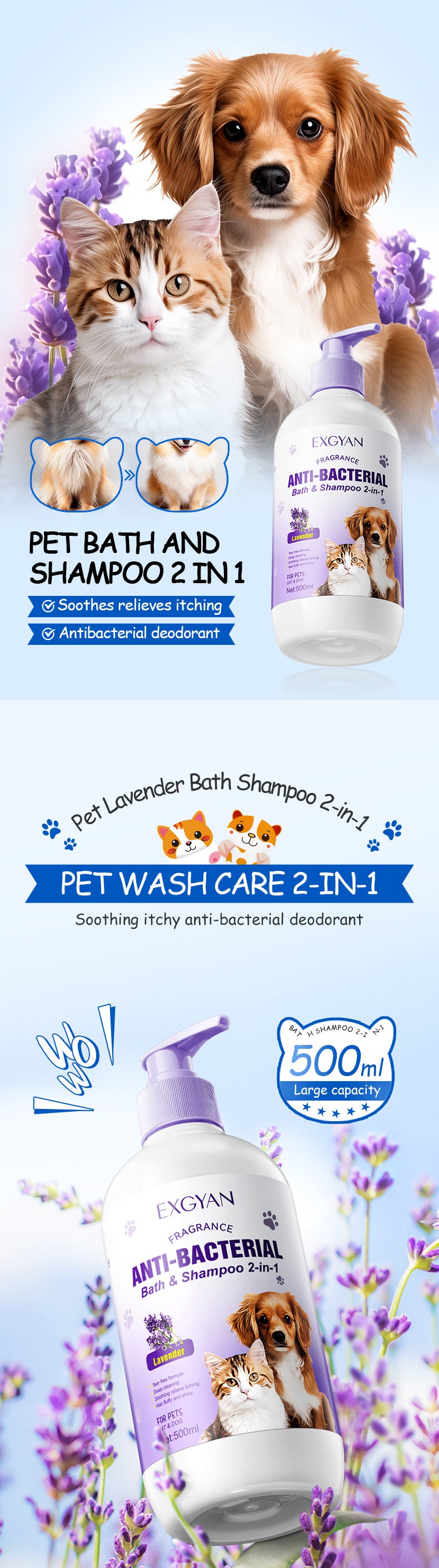 Pet Lavender Bath and Shampoo 2-in-1 EXGYAN Cat and Dog Bath Gel Cross-Border Wholesale