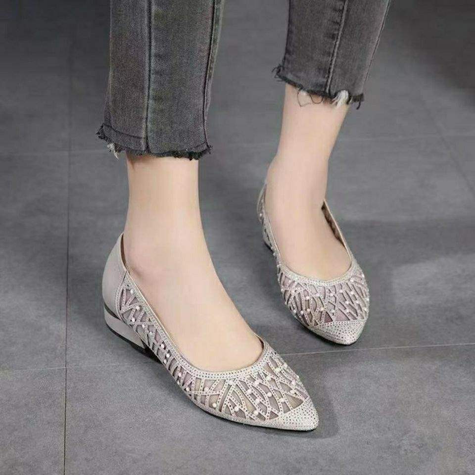 Women's Rhinestone Soft Leather Sandals2025Summer New Flat Hollow Mesh Shoes Shallow Mouth Mesh Single Shoes for Women