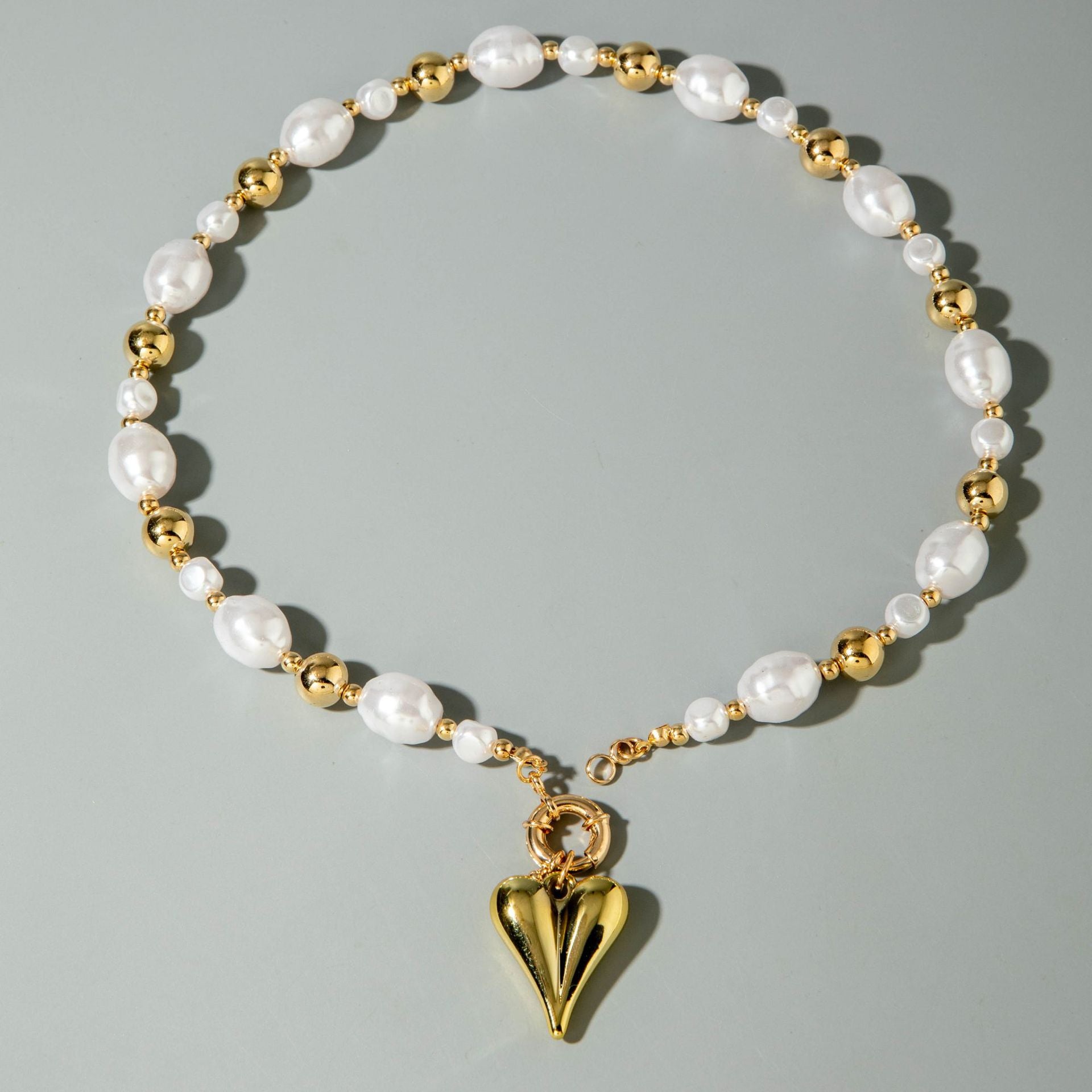 Ornament Layered Wear CCB Peach Heart Necklace Wholesale Baroque Metal Pendant Pearl Necklace