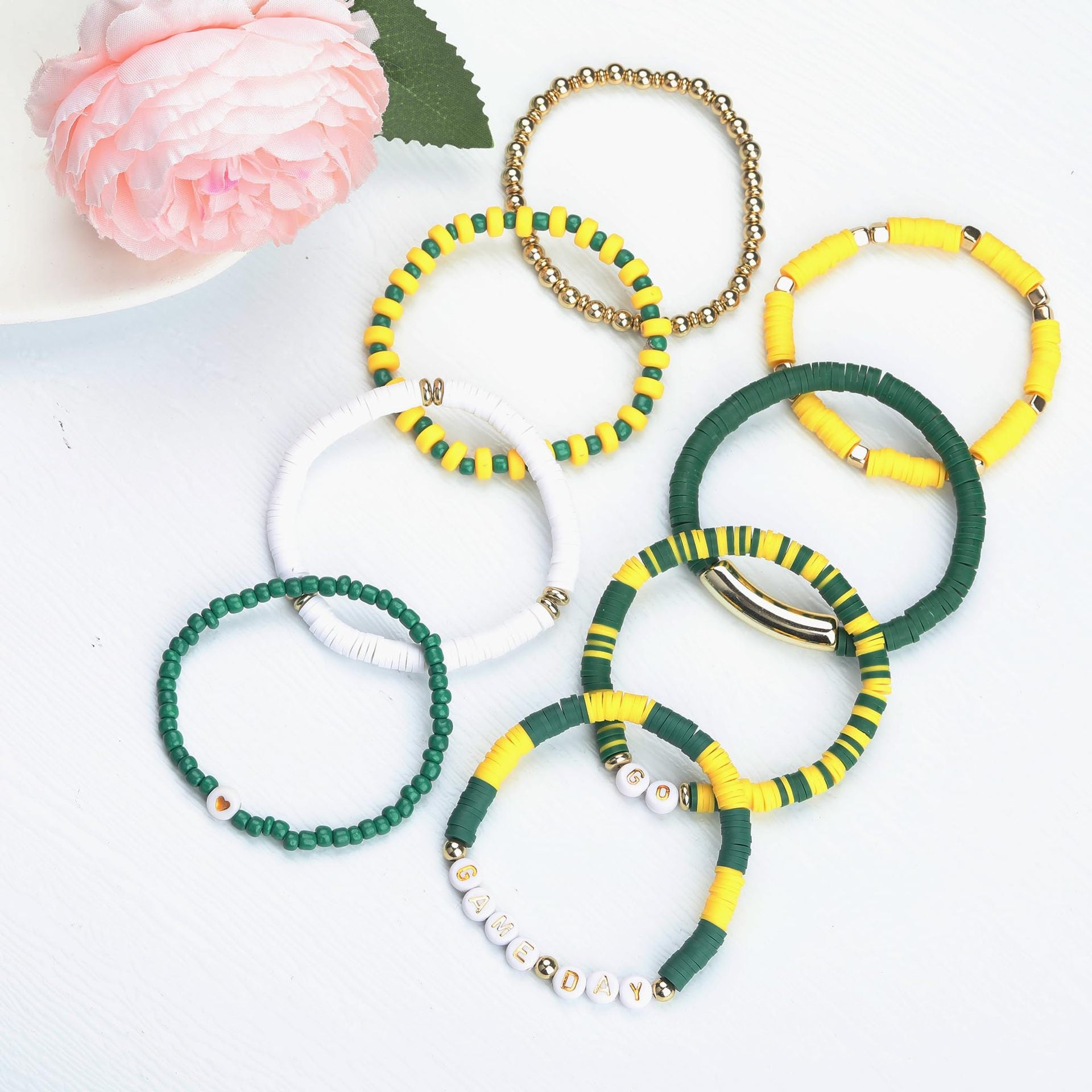Game Day Soft Clay Bracelet Set Multi-layer Stackable Elastic Bracelet Super Bowl Game Day Football Bracelet