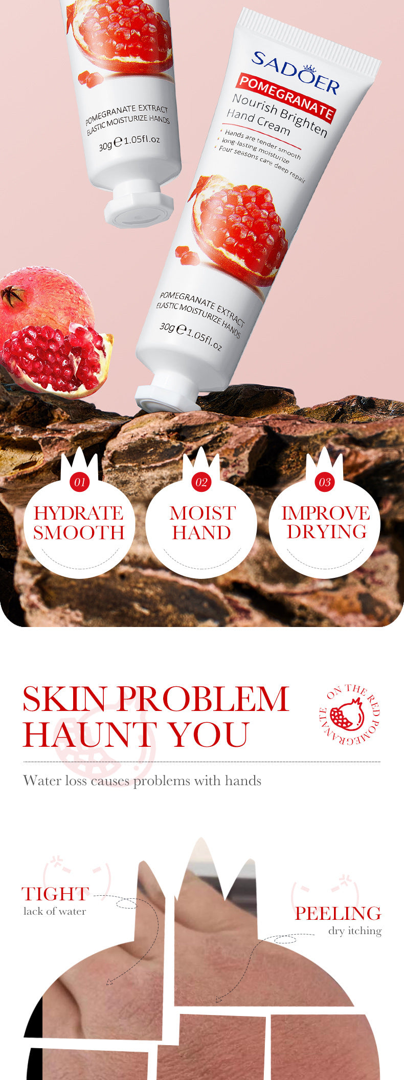 Red Pomegranate Hand Cream30g SADOER Moisturizing, moisturizing and refreshing hand cream cross-border foreign trade wholesale