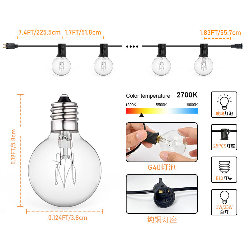 G40High Voltage String Lights led Small String Lights Waterproof US Standard G40Tungsten string light warm light outdoor string light bulb
