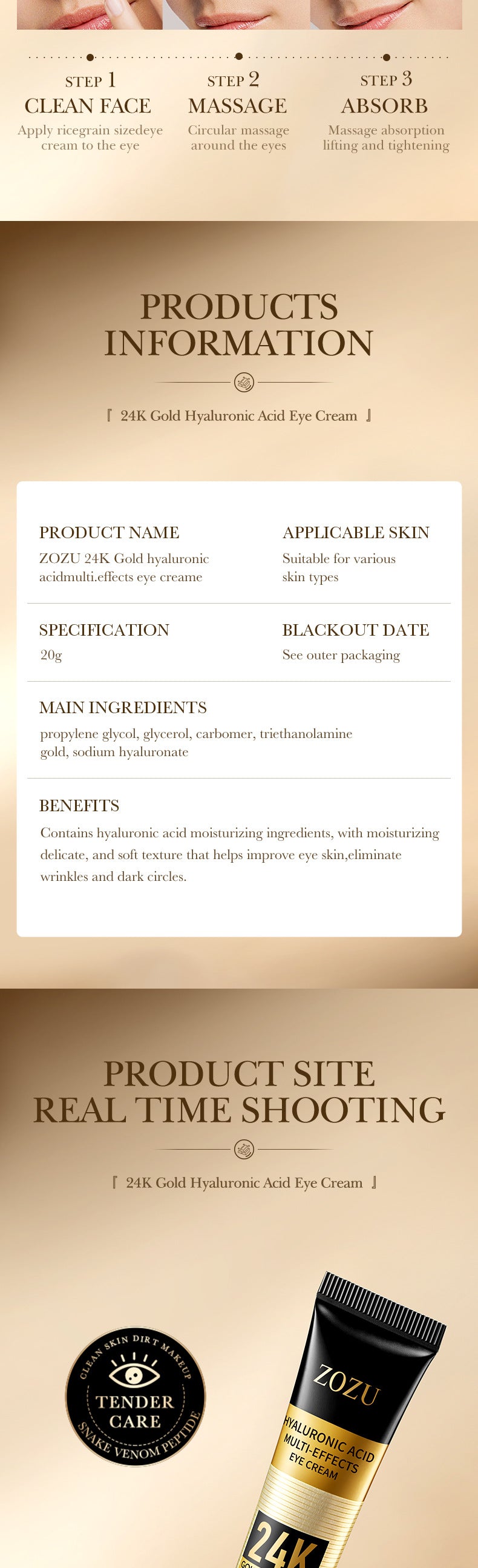 24K Gold Eye Cream ZOZU Hyaluronic Acid Hydrating and Moisturizing Eye Cream for Eye Wrinkles Cross-Border Wholesale