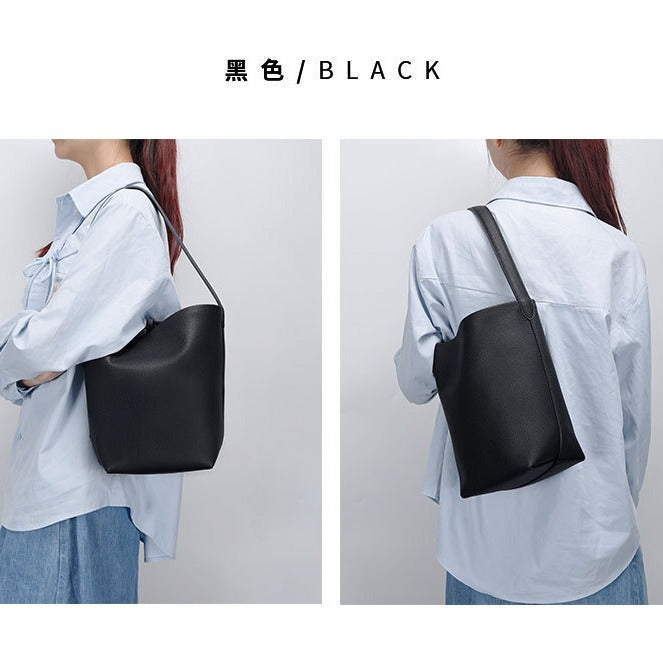 Autumn and Winter Niche row Bucket Bag Top Layer Cowhide Single Shoulder Bag Large Capacity Tote Bag for Women Commuting