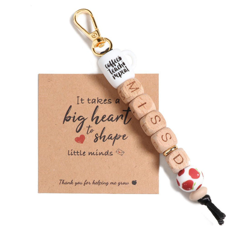 Teacher Appreciation Water Bottle Pendant Thank You Teacher Apple Ornament MISS Letter Square Wooden Bead Keychain Jewelry Accessories