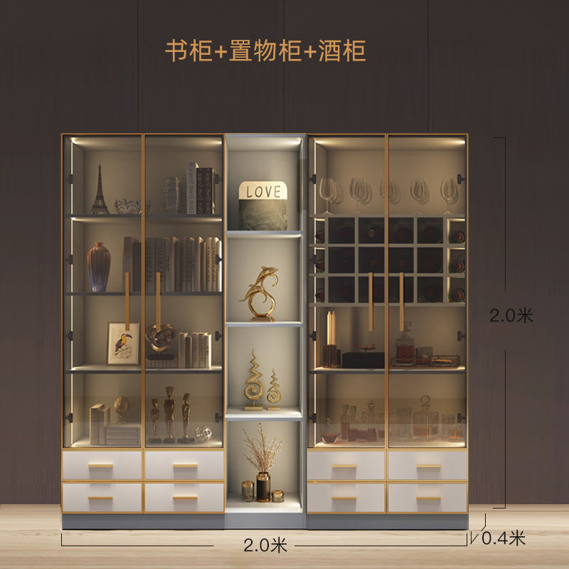 Modern Light Luxury Bookshelf Paint-Free Board Aluminum Alloy Glass Door Combination Bookshelf Wine Cabinet Simple Floor Storage Cabinet Integrated