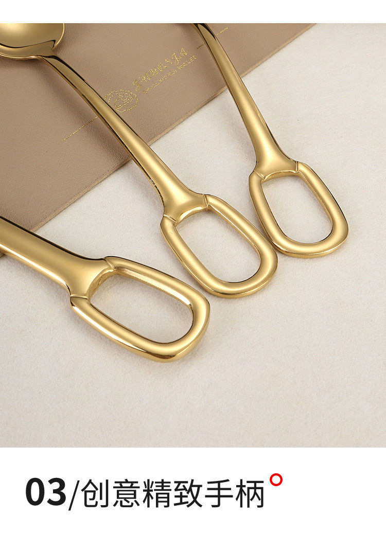 304Stainless Steel Western Cutlery Set with Rings, Steak Knife, Fork, Spoon, European Style Hanging Hole Tea Spoon with Tail Set