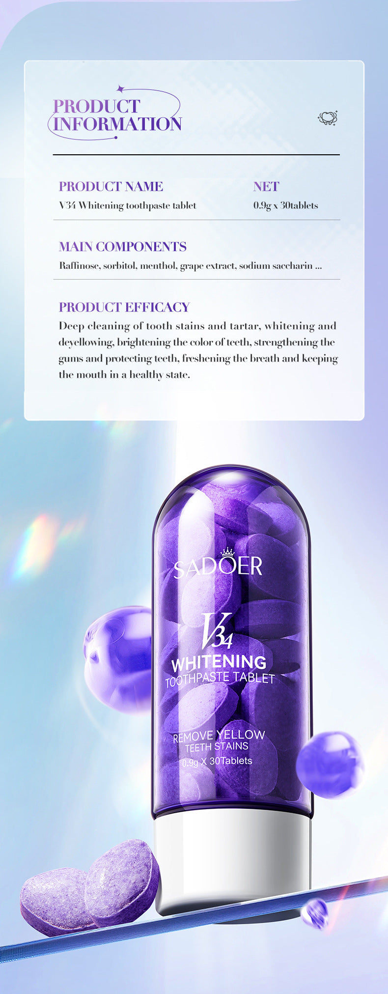 V34Whitening Teeth Strips SADOER Deep Cleaning Teeth Clean Toothpaste Cross-Border Foreign Trade Wholesale