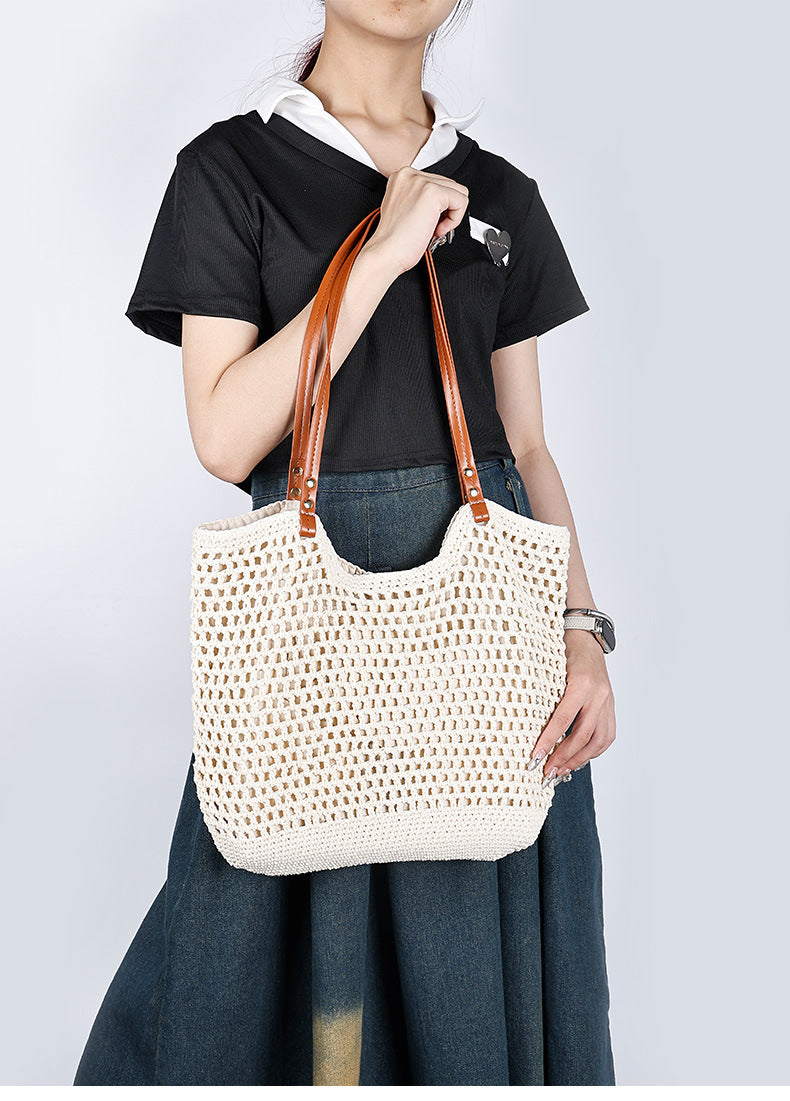 New Large Capacity Lazy Style Woven Bag for Women Versatile Artistic Shoulder Bag Beach Bag Cotton Rope Commuter Tote Bag