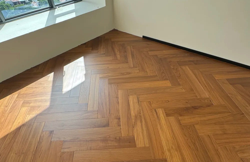 Custom AB-Grade Teak Herringbone Click-Lock Flooring Multilayer Engineered Core for Outdoor Exterior Basement Use-ENF-Certified