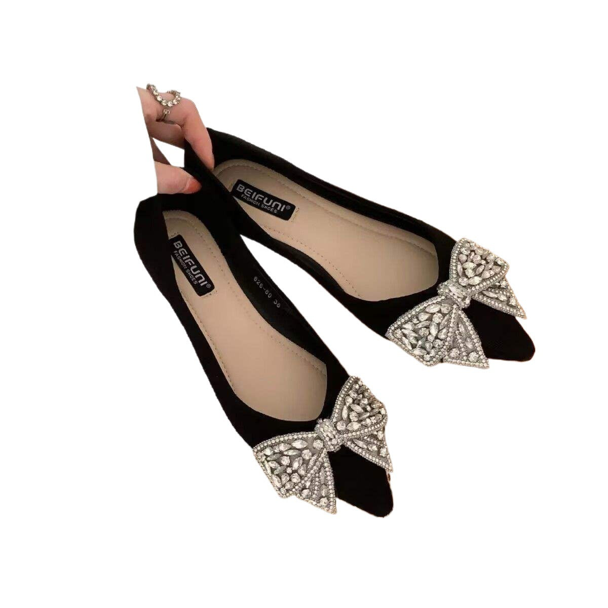 Pointed Toe Women's Single Shoes2025Spring and summer new style rhinestone bowknot soft sole versatile elegant flat loafers