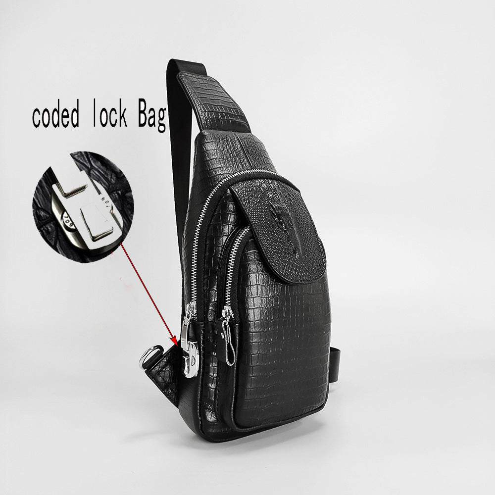 Fingerprint Lock Bag Men's Travel Sports Crossbody Bag Top Layer Cowhide Crocodile Pattern Security Password Lock Genuine Leather Chest Bag