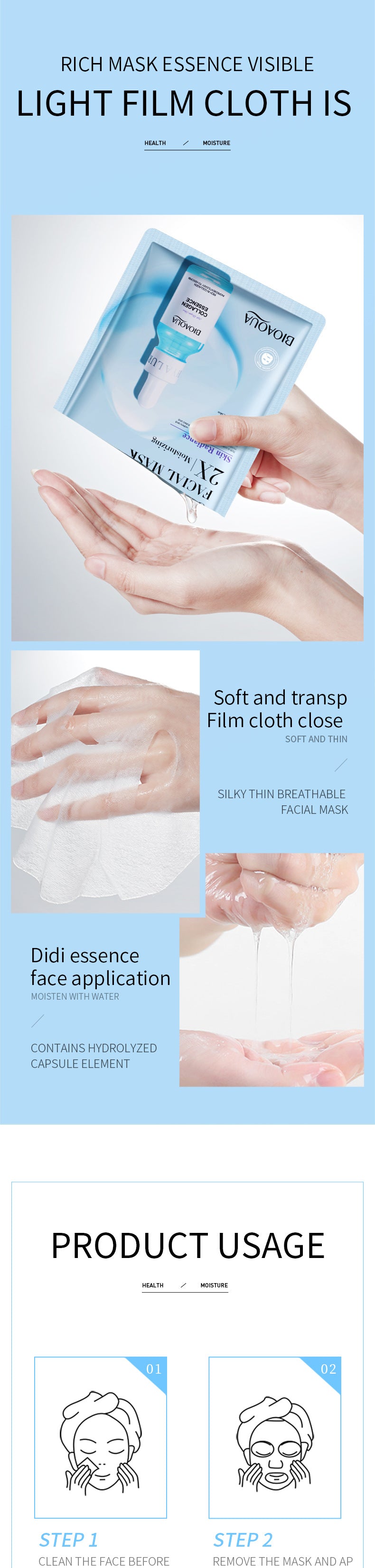 Packaging BIOAOUA Collagen Mask Sheet Pack Hydrating and Moisturizing   OBO Wholesale