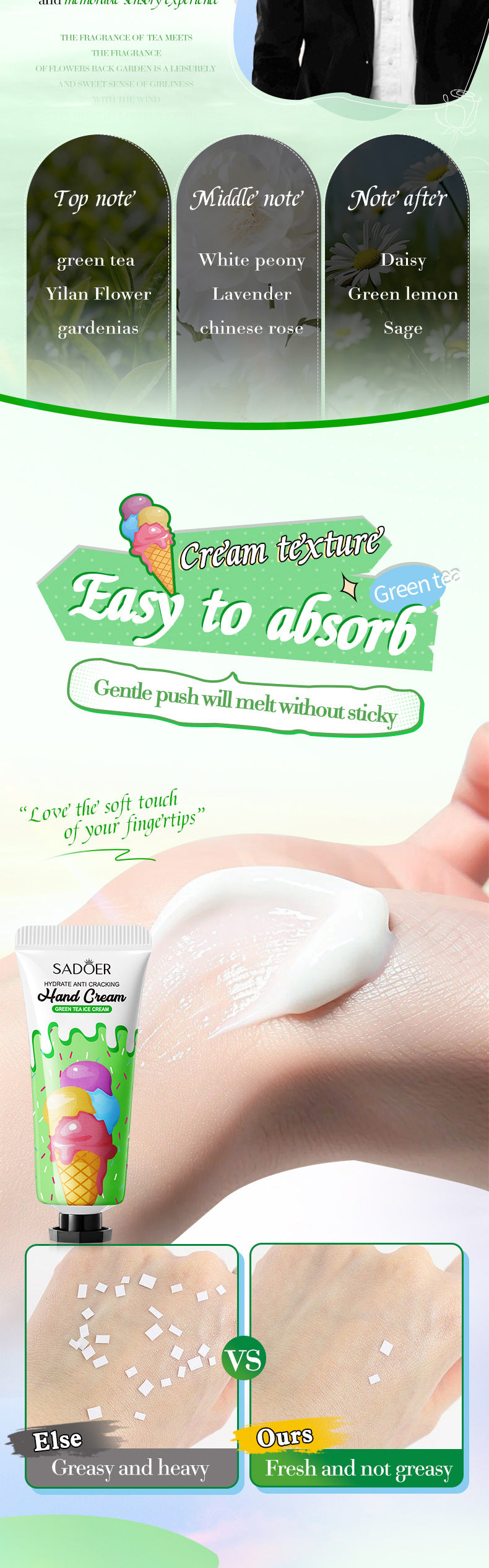 Green Tea Ice Cream Hydrating Hand Cream SADOER Autumn and winter hand cream cross-border foreign trade wholesale