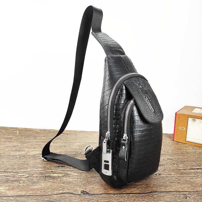 Fingerprint Lock Bag Men's Travel Sports Crossbody Bag Top Layer Cowhide Crocodile Pattern Security Password Lock Genuine Leather Chest Bag