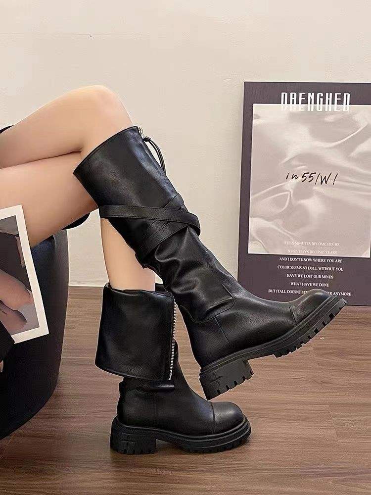 2025Spring and Autumn New Over-the-Knee Boots Women's Martin Boots Belt Buckle Thick-Soled Motorcycle Rider Boots High Tube Fashion Boots