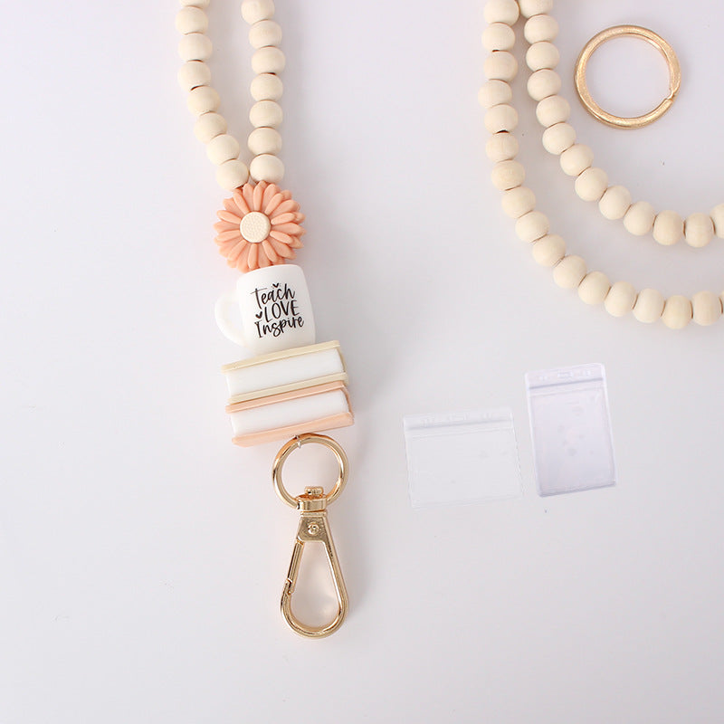 European and American Work ID Lanyard Necklace Silicone Water Bottle Book Pendant Teacher Appreciation ID Wooden Bead Necklace