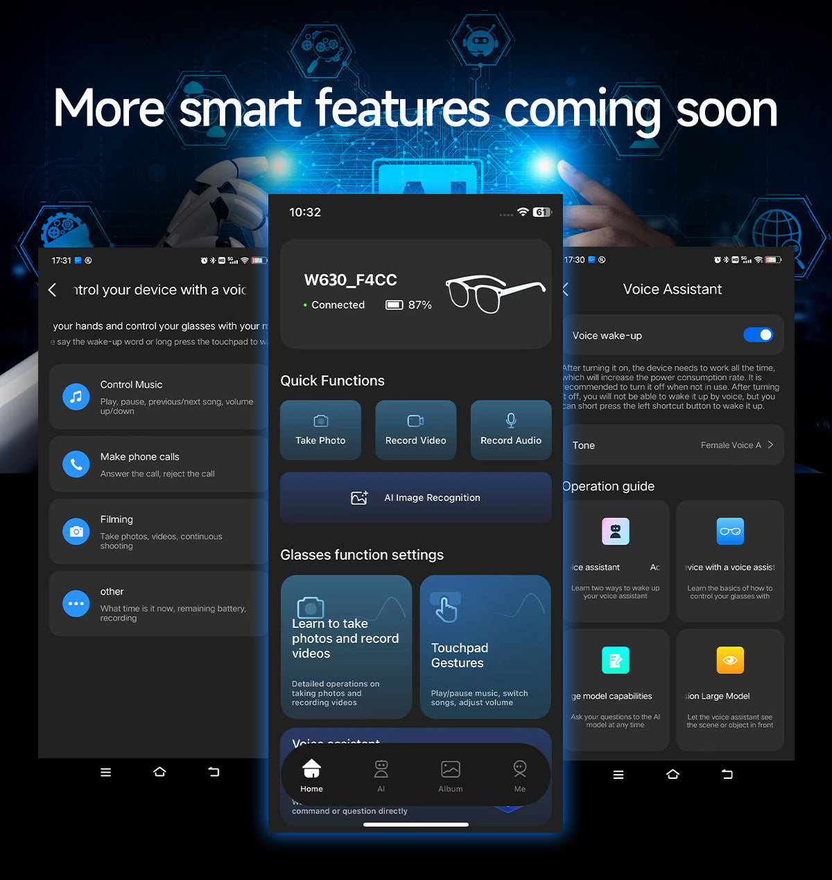 W630Smart Glasses800Megapixel photochromic lens with image stabilization for video recording AI Simultaneous Translation Recognition