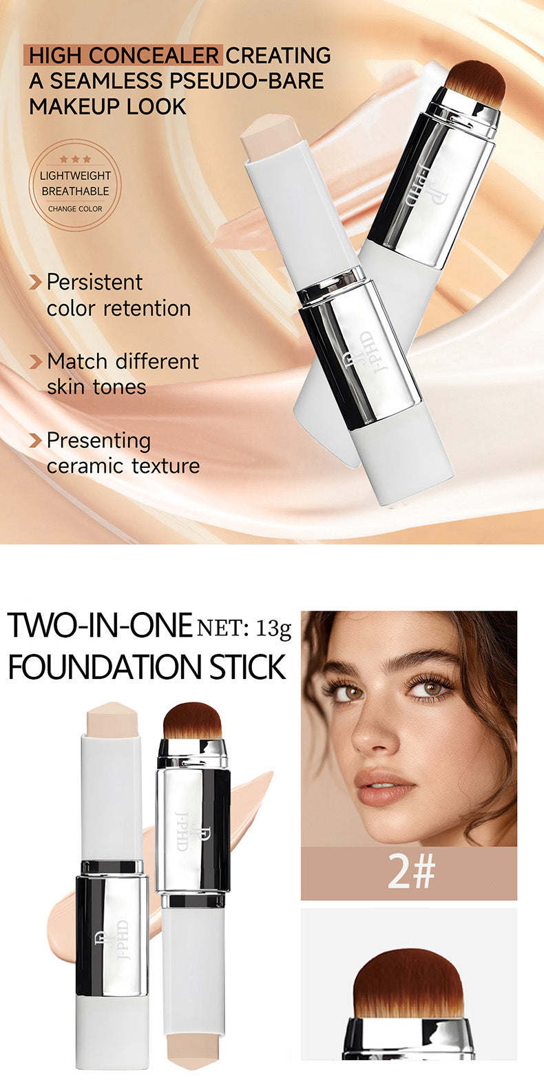 Spot Goods J-PHD 2-in-1 Foundation Stick13g Double-ended lightweight concealer foundation with brush, natural finish