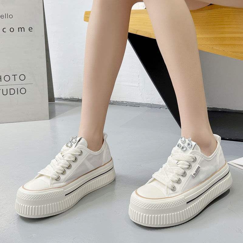 Korean style mesh breathable thick-soled white sneakers for women2025Summer new thin versatile rhinestone sports casual sneakers