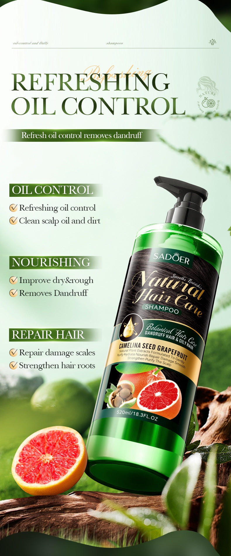 Camellia Seed Anti-Dandruff Shampoo SADOER Grapefruit Smooth Nourishing Shampoo Cross-Border Wholesale