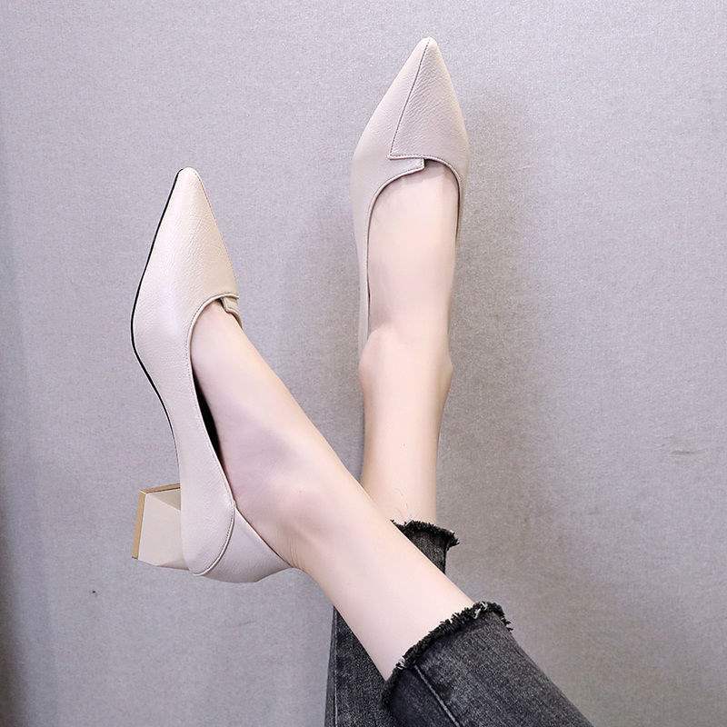 Real Soft Leather Autumn New Style Women's Single Shoes Thick Heel Shallow Mouth High Heels Korean Style Mom Shoes Mid Heel Versatile Grandma Shoes