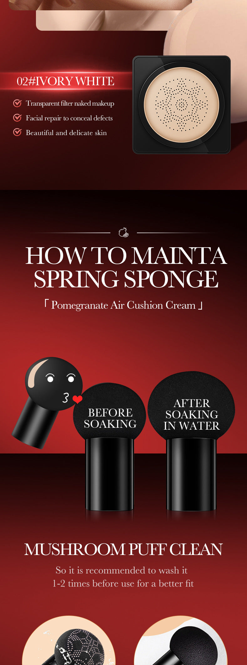 Makeup SADOER Red Pomegranate Concealer Moisturizing Mushroom Cushion Beauty Cream BB Wholesale Cross-Border Foreign Trade Frost