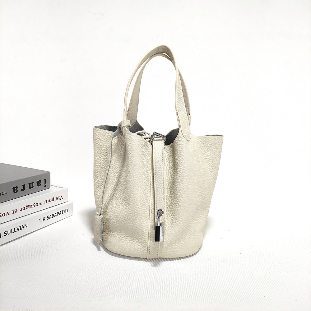 Women's Basket Bag2025New High-End First Layer Cowhide Bucket Bag Casual Handheld Women's Tote Bag Trendy