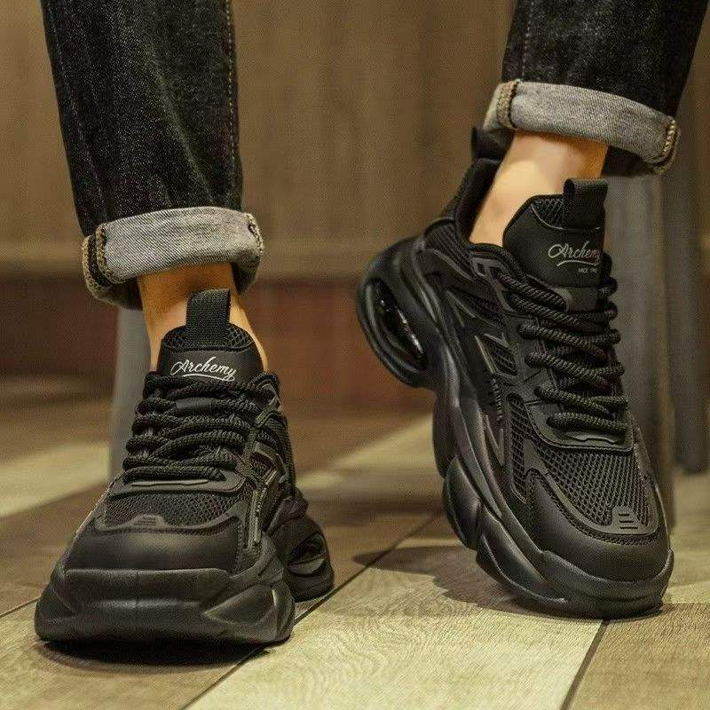 Men's Shoes Summer2025New Pure Black Thick-Soled Black Warrior Air Cushion Casual Sports Shoes Dad ins Trendy Shoes