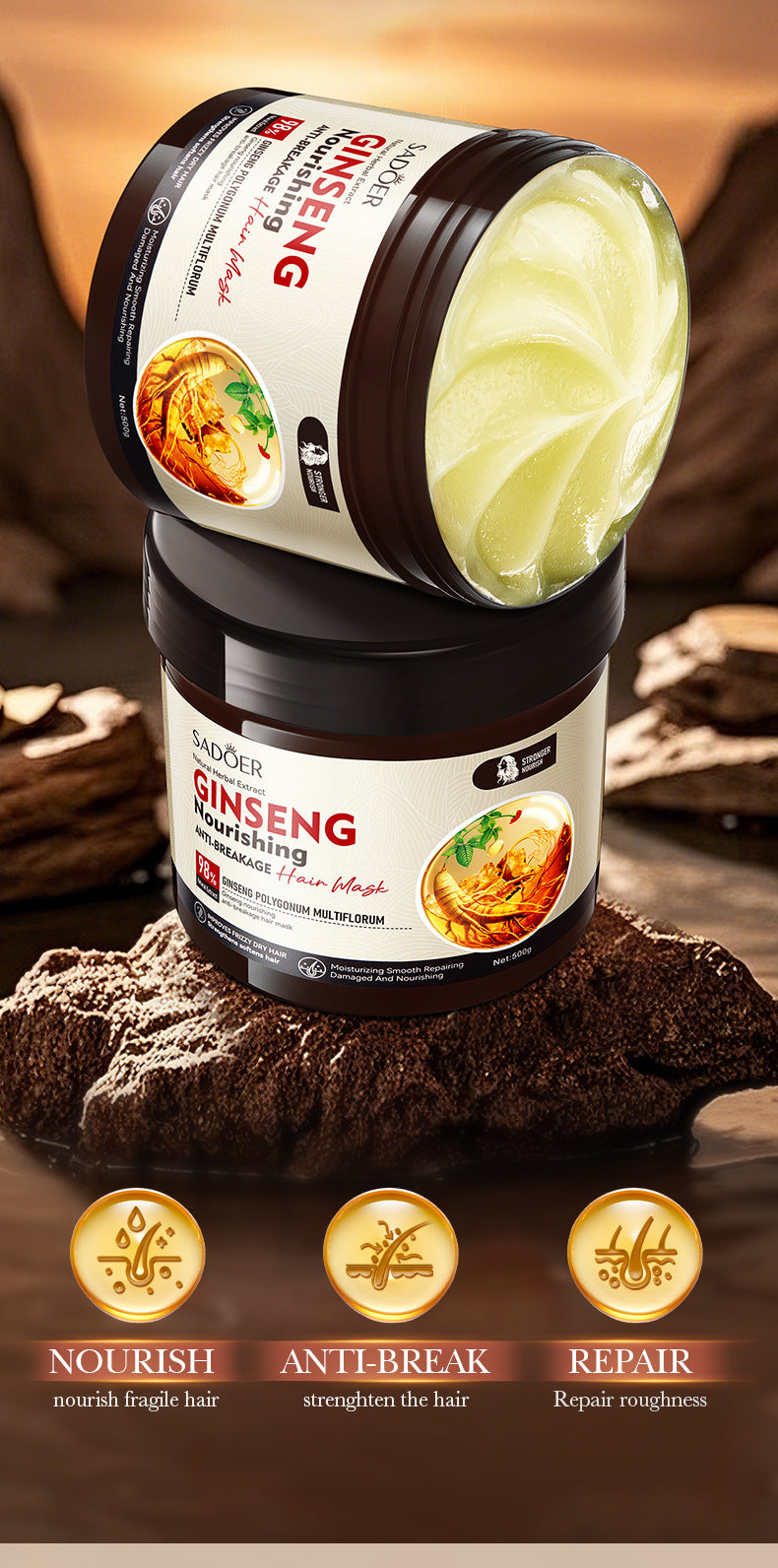 Full English Ginseng and Polygonum Multiflorum Hair Mask SADOER Nourishing Anti-Breakage Smooth Voluminous Hair Mask  Wholesale