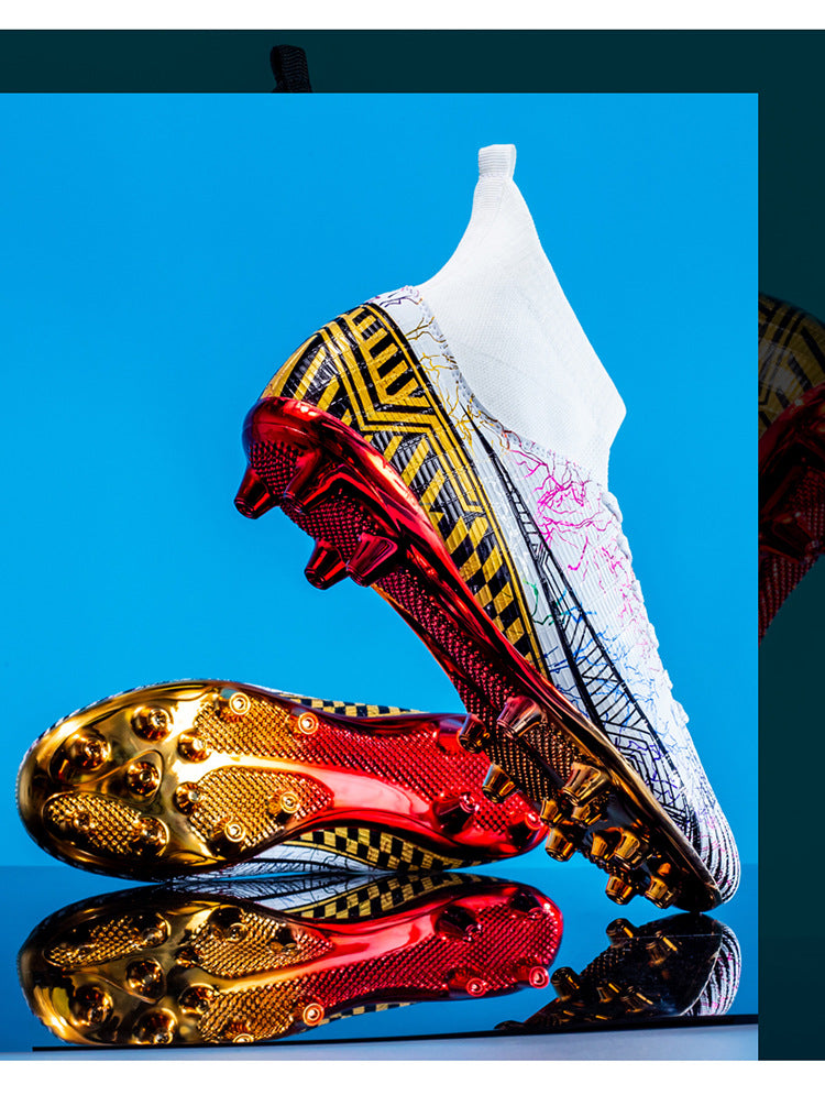 Large Size Men's Soccer Shoes AG Long Spike Gold-Plated Hot Stamping Football Shoes for Youth Professional Competition Training Shoes Wholesale