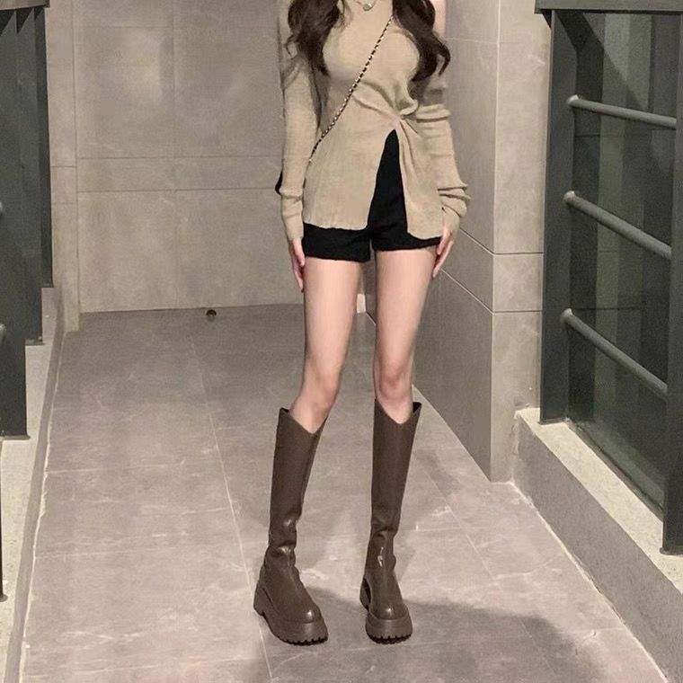 Spicy Girl Knight Long Boots2025New Women's Boots for Autumn and Winter, Thick-Soled Height-Increasing Leather Boots, High-Tube Elastic Slim Boots