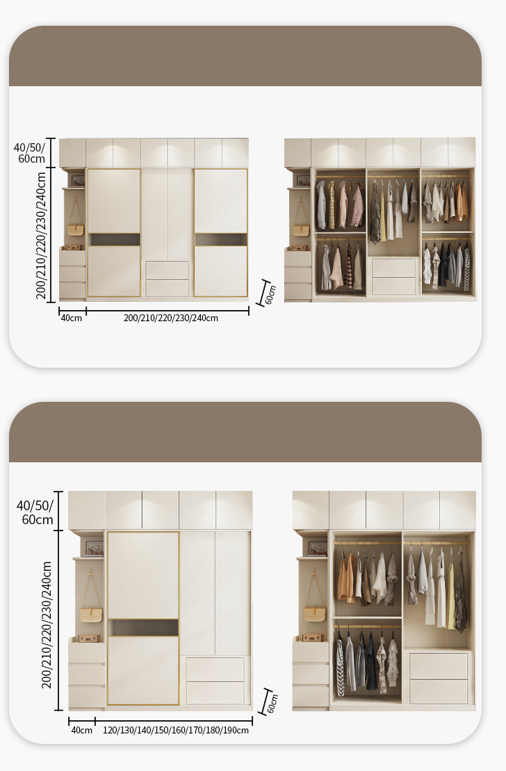 Cream Style Solid Wood Sliding Door Wardrobe for Home Bedroom with Hanging Area, Multiple Storage Cabinets, and Segmented Large Wardrobe