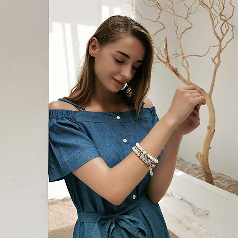 Three-layer Protection Shoushan Stone Bracelet Set Bohemian Leaf Tree of Life Pendant Indian Agate Women's Bracelet