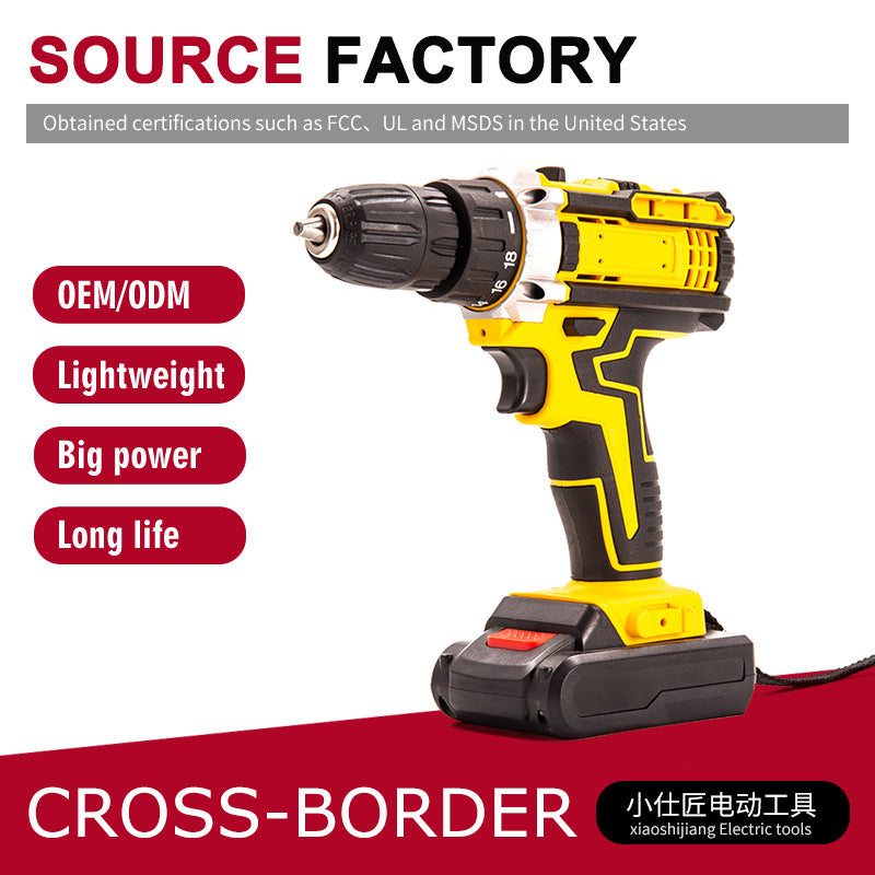 Two Batteries and One Charger Drill Tightening Electric Drill Handheld Brushless Lithium Electric Drill Cross-Border Hand Drill Rechargeable Battery Impact Electric Drill