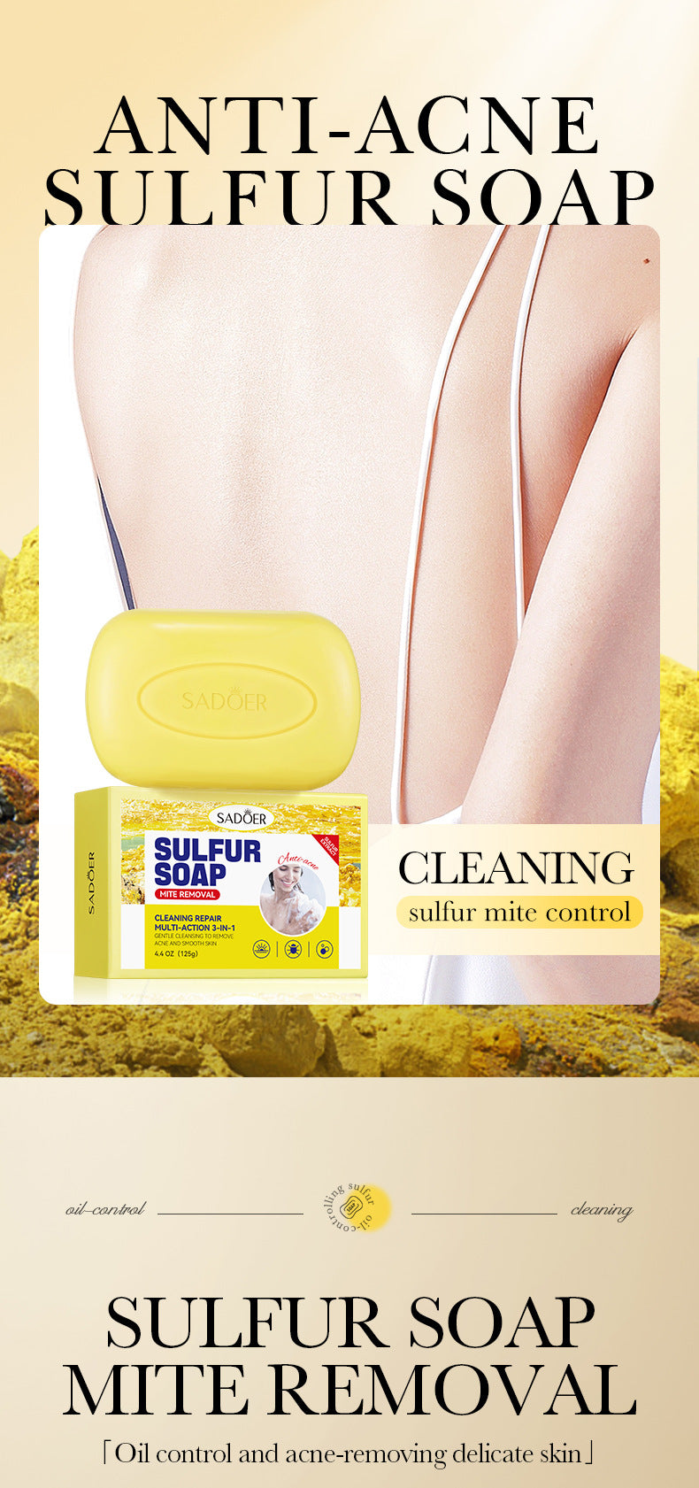 Sulfur Mite Removal Soap125gSADOER Universal Handmade Soap for Body Cleansing, Fragrant Soap, Cross-Border Wholesale