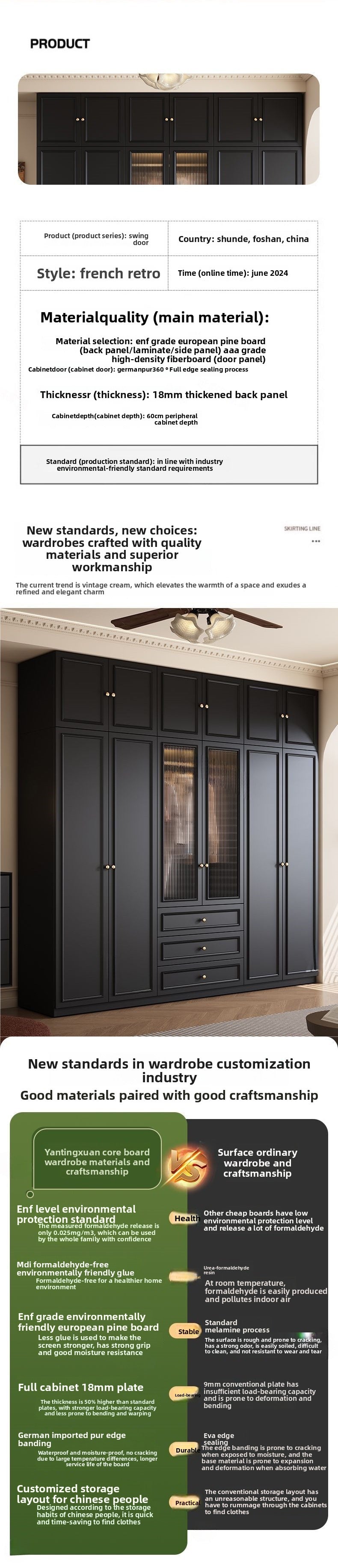 Vintage Style Wardrobe Black Cabinet Wardrobe for Home Bedroom Small Apartment Modern Simple Side Cabinet Top Cabinet Furniture Wardrobe