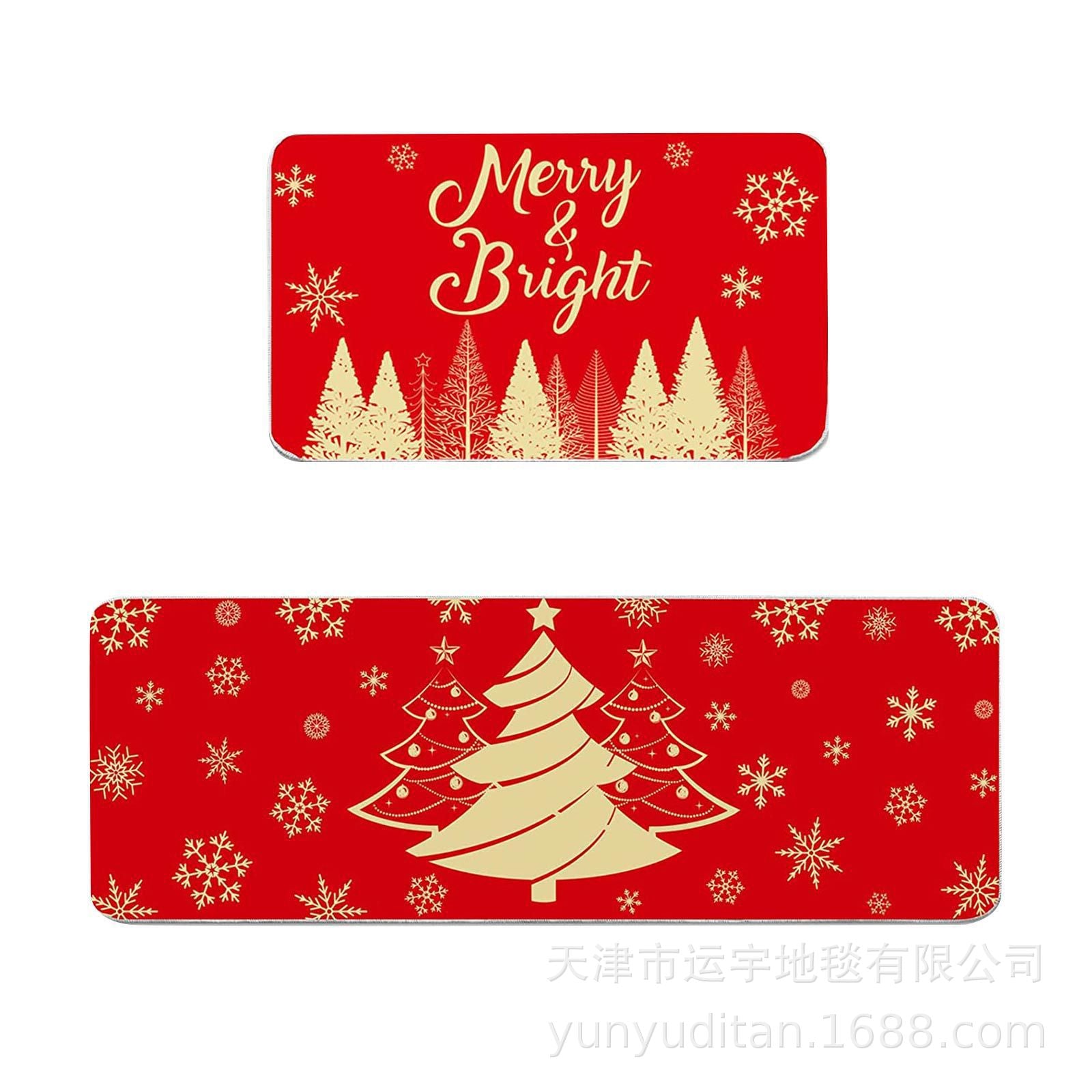 Christmas Kitchen Floor Mat Two-Piece Set Crystal Velvet Water-Absorbent Oil-Absorbent Non-Slip Foot Mat Holiday Decorative Floor Mat