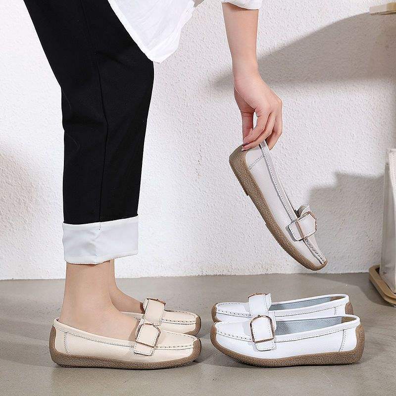 Women's Shoes Flat Soft Sole Loafers Women's Mid-Heel Soft Leather Nurse Shoes Rubber Sole Fashion Versatile Mom Shoes