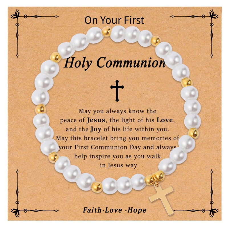 Imitation Pearl Holiday Bracelet Women's Gift Gold Bead Elastic Bracelet with Card Cross Easter Bracelet