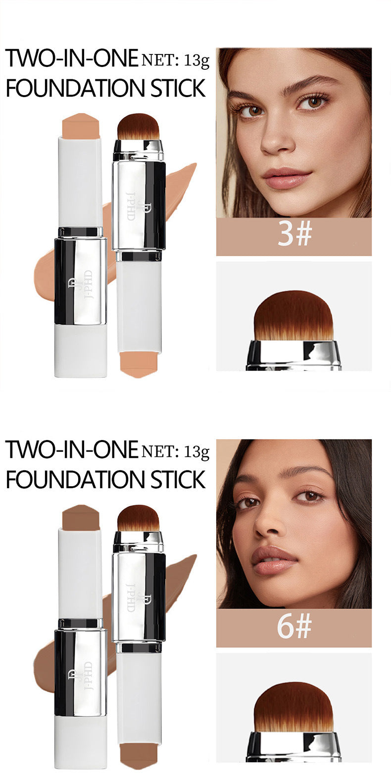 Spot Goods J-PHD 2-in-1 Foundation Stick13g Double-ended lightweight concealer foundation with brush, natural finish