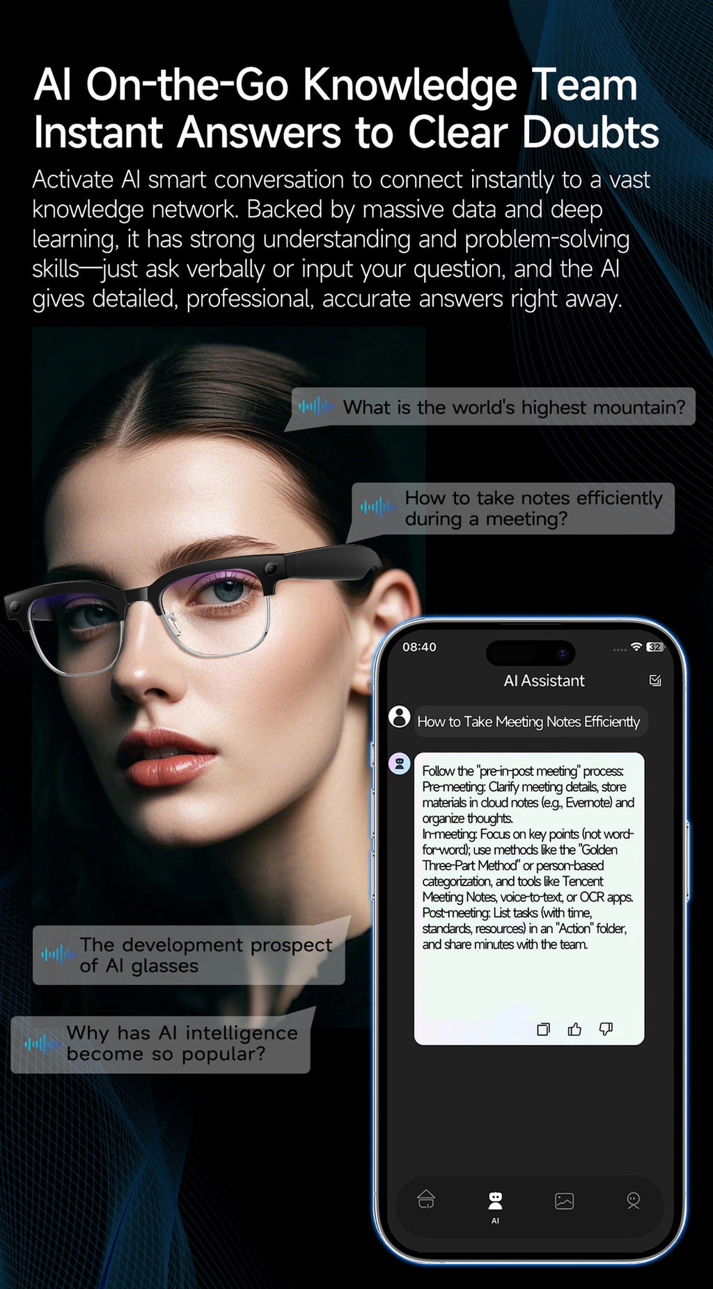 W630Smart Glasses800Megapixel photochromic lens with image stabilization for video recording AI Simultaneous Translation Recognition