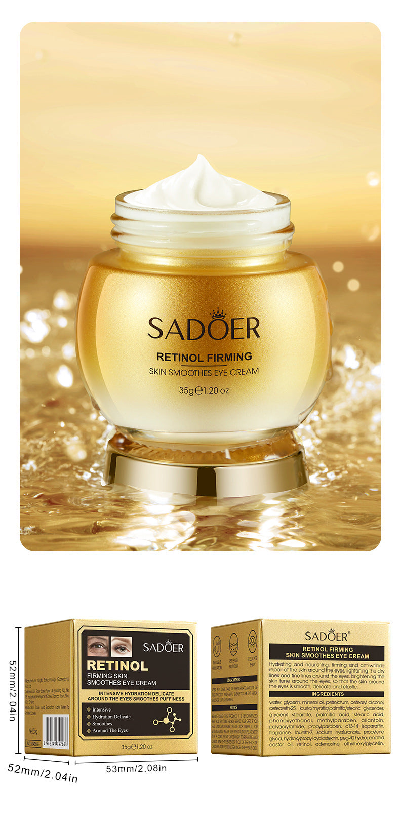 Retinol Eye Cream SADOER Moisturizing and Nourishing, Reduces Dark Circles and Eye Bags, Eye Wrinkles,  Wholesale