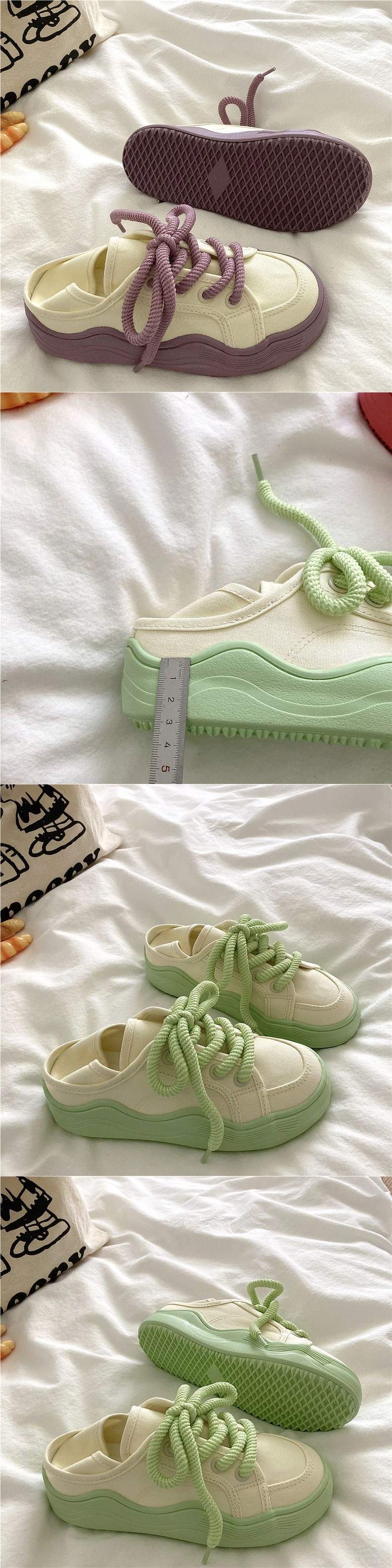 Honeydew Green~!Niche chic Korean Style Two-Way Canvas Shoes for Women, Summer Breathable Thin Versatile Thick-Soled White Shoes