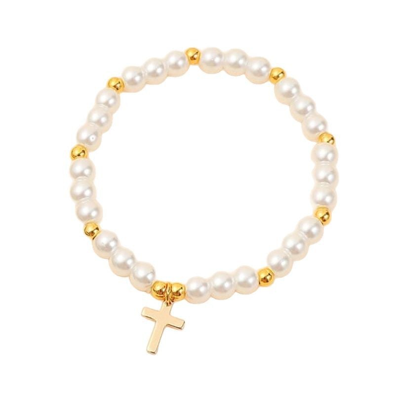 Imitation Pearl Holiday Bracelet Women's Gift Gold Bead Elastic Bracelet with Card Cross Easter Bracelet