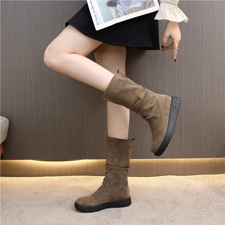 Thick-Soled Non-Slip Suede High Boots for Women, Thick Fleece Winter Mid-Calf Boots, Flat Snow Boots, Warm Cotton Shoes, Martin Boots