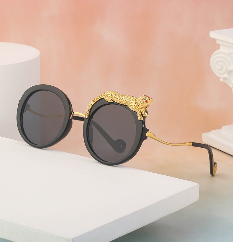 2025New Anti-Blue Light Glasses for Women Leopard Head Diamond-Studded European and American Round Frame Sunglasses Trendy Large Frame Sunglasses High-End Feel