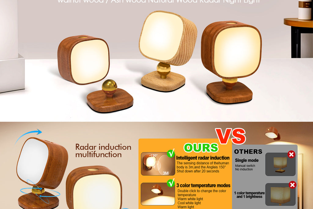 Square Solid Wood Sensor Light New Creative Cabinet Light Bedside Bedroom Smart LED Radar Human Body Night Light