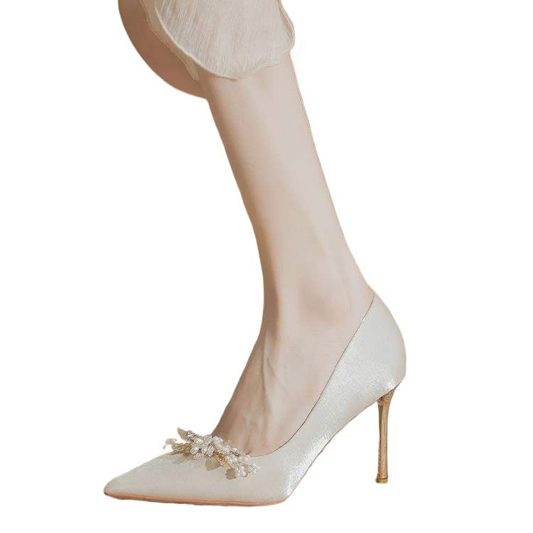 Silk Satin High Heels for Women, Thin Heel, Bridesmaid2025New Year's New Wedding Dress Engagement Two-Wear French Style Non-Tiring Pointed Toe Wedding Shoes