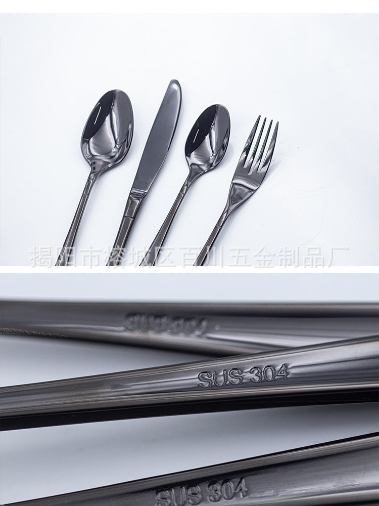 304Stainless Steel Cutlery Set Western Spoon Fork Four-Piece Set Titanium-Plated Square Handle Steak Knife Fork Spoon Gift Set